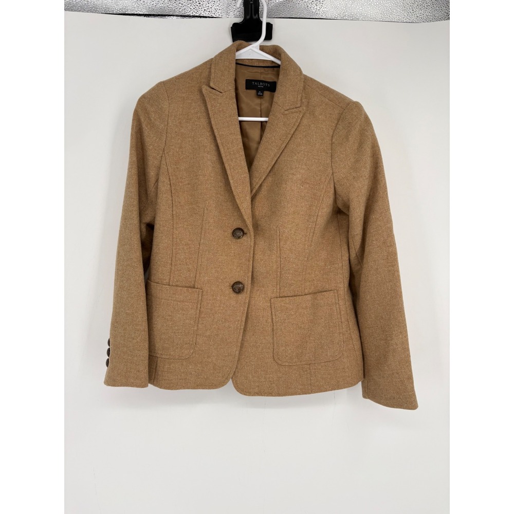 Talbots Blazer Women 4P Tan Wool Blend Two Button Petite Classic Career Jacket